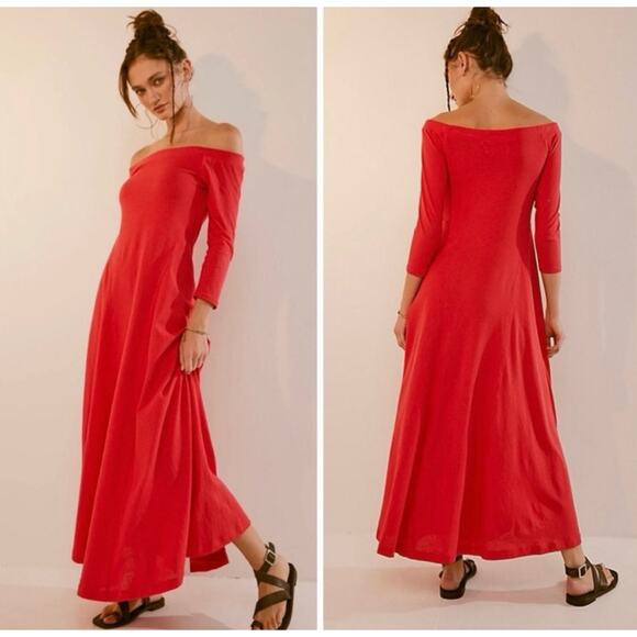 Free People Beach Carrie Midi Dress Atlas Red Large Off Shoulder Cotton Boho - Picture 1 of 6